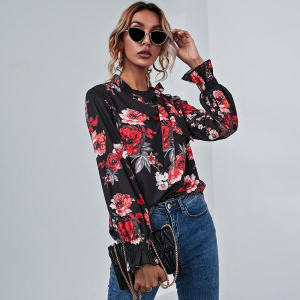 

women's blouses & shirts 2021 spring summer floral printed long sleeve black pullovers shirt fashion office lady wear, White