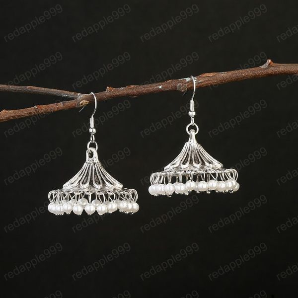 Dames klassieke zilveren kleur bloem Indiase Jhumka Dangle Oorbellen Vintage Turkije Boho parel kralen kwastje oorbel