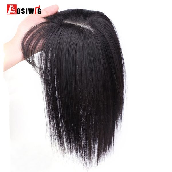 

aosi women clip extensions 3 clips in er natural straight black brown synthetic with bangs fake hairpiece