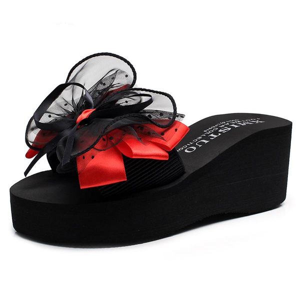 

slippers summer women gladiator bow linen wedges platform flip flops beach mules ladies slides party sandals zapatos de mujer, Black