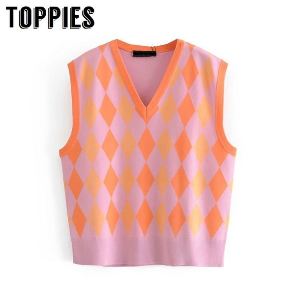 

ies spring new diamond pattern v neck waistcoat women knit orange vest coats preppy style waistcoats 210412, White;black