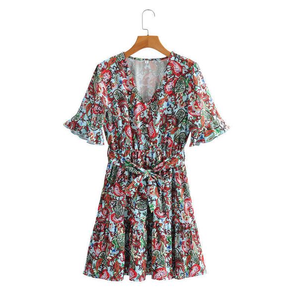 

h.sa women dresses summer v neck floral print boho beach dress ruffle short sleeve a line mini dress wrap sundress 210716, Black;gray