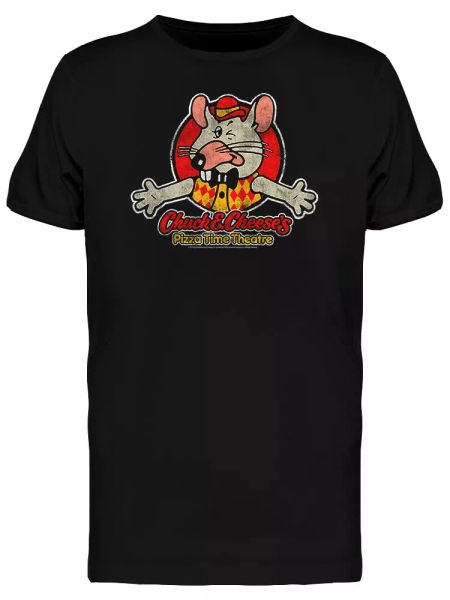 

chuck e cheese vintage pizza logo men's black t-shirt, White;black