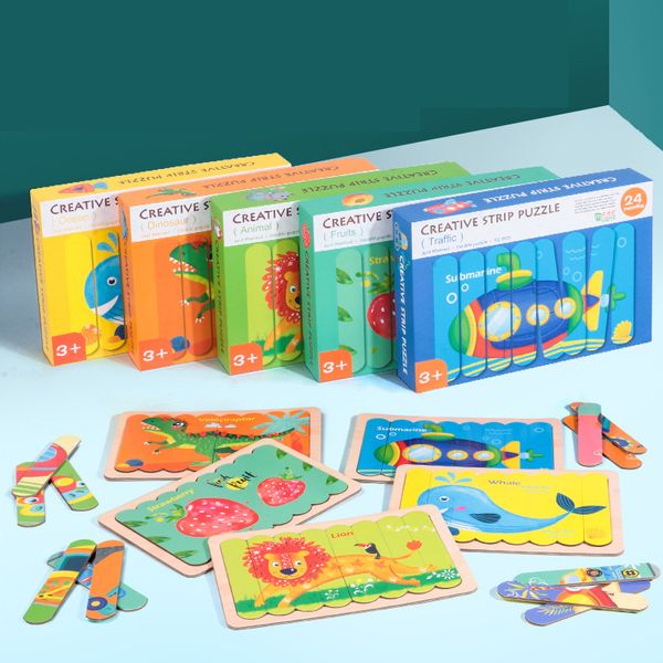 

Creative Strip Puzzles Wooden Toys Jigsaw For Kids Toy Cartoon Animals Traffic Wood Puzzle Set Montessori Educational Toy Gifts