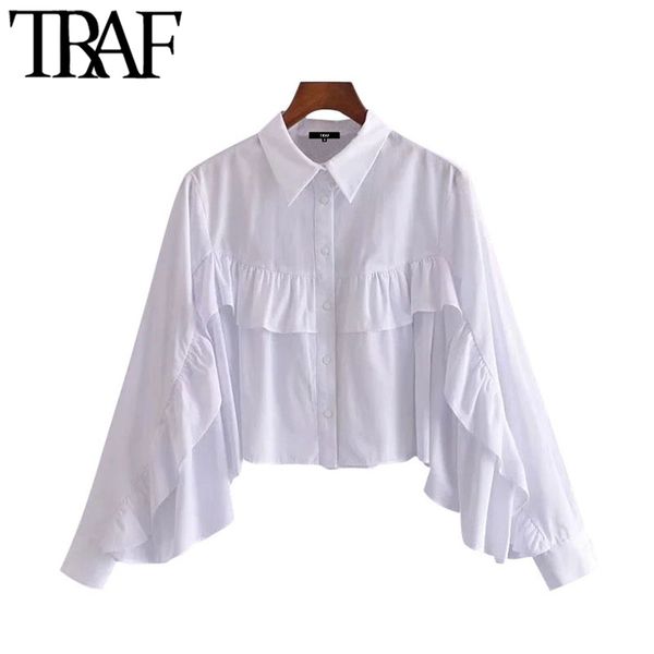 

traf women fashion with ruffled trims poplin blouses vintage long sleeve button-up female shirts blusas chic 210415, White