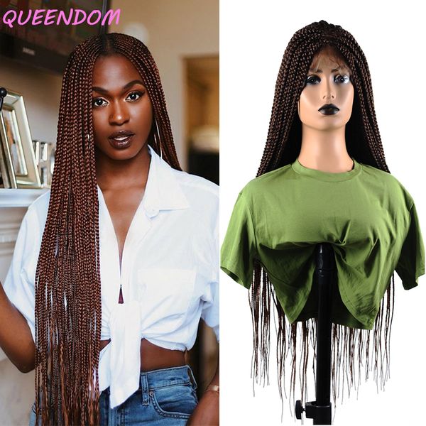 

30 inch long braided wig ombre brown lace front wigs with baby hair heat resistant synthetic box braids wig for african women, Black