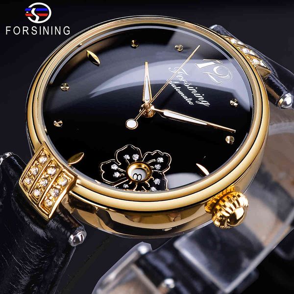 

researching flower design women's clocks black waterproof leather band lighting hand date automatic mechanical clock, Slivery;brown