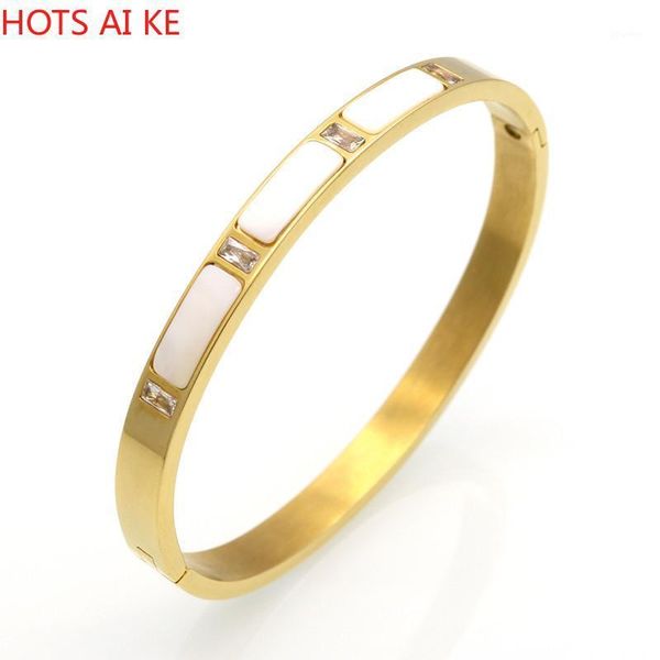 

bangle gold colour stainless steel natural shell bracelets bangles crystal for women jewelry1, Black