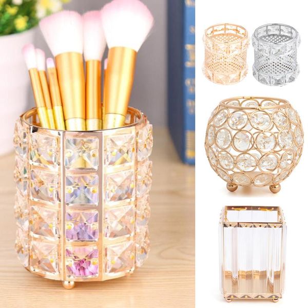 

european glitter metal makeup brush storage tube cosmetic crystal organizer eyebrow pencil bead box baskets