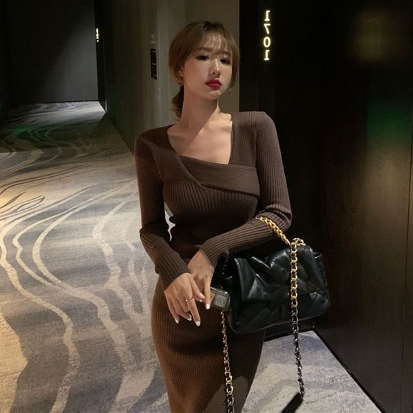 

2021vintage knitted dress women long sleeve sweater elegant party dress female spring 2021 office lady slim one-piece dress korean, Black;gray
