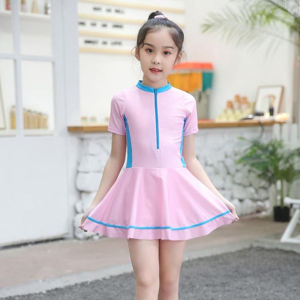 

one-pieces short sleeve sunscreen solid color swimsuit beach swimwear girl one-piece outfits, Black