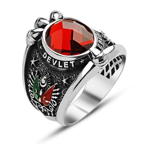 

men vintage zircon ring with ottoman coat of arms and crescent star motif handcarved 925k silver cluster rings, Golden;silver
