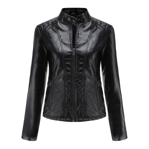 

women's leather & faux autumn and winter casual simple european american trend thin coat long-sleeved locomotive jacket female, Black