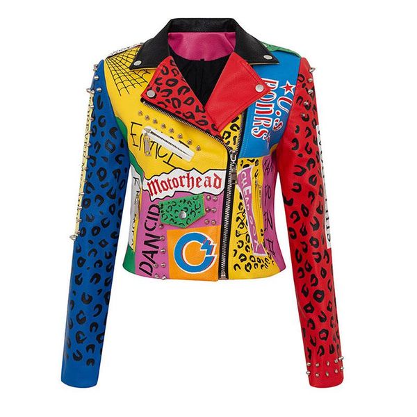 

women colorful graffiti leather jacketpunk rock rivet unique motorcycle coats and jackets letters printing women's, Black;brown