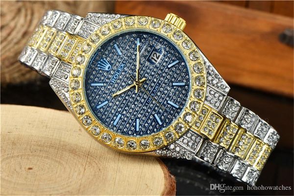 

mens watch shinning diamond iced out gold watches sliver fashion stainless steel men quartz movement montre party wristwatch clock, Slivery;brown
