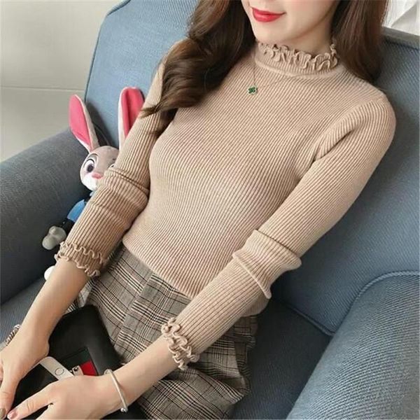 

women's sweaters turtleneck ruched women sweater high elastic solid fall winter fashion slim knitted pullovers pink white, White;black