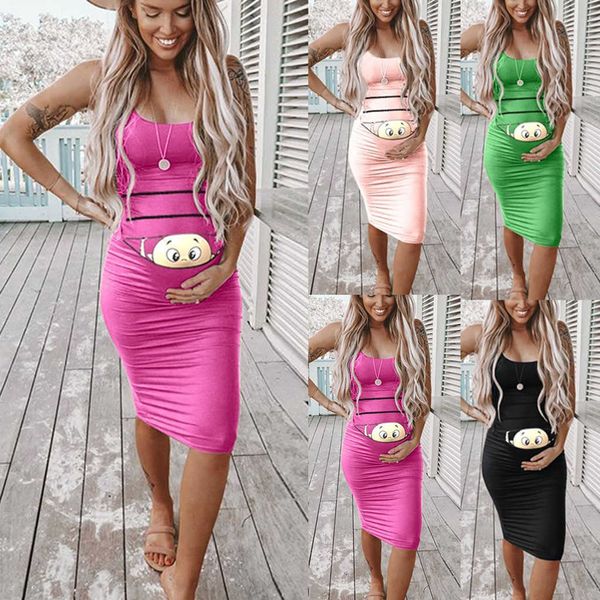 Neue 2020 Damen Umstandskleid Mode schöne Cartoon-Druck ärmellose schwangere komfortable Midi-Schwangerschaftskleid Kleidung Q0713
