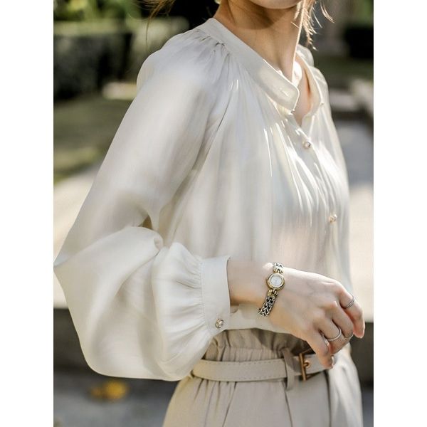 Летние женщины атлас с длинным рукавом Элегантная леди Винтаж белый шелковая блузка рубашка 210415