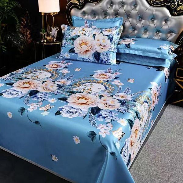 

sheets & sets ( on product)1pcs summer ice silk printed fitted sheet bed cover for bedrrom/sofe with cases 2 pcs 250 x 230 cm
