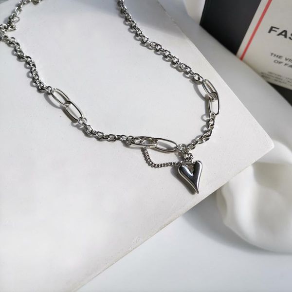 

chains the trend of charm retro contracted punk heart-shaped pendant necklace women fashion personality, Silver
