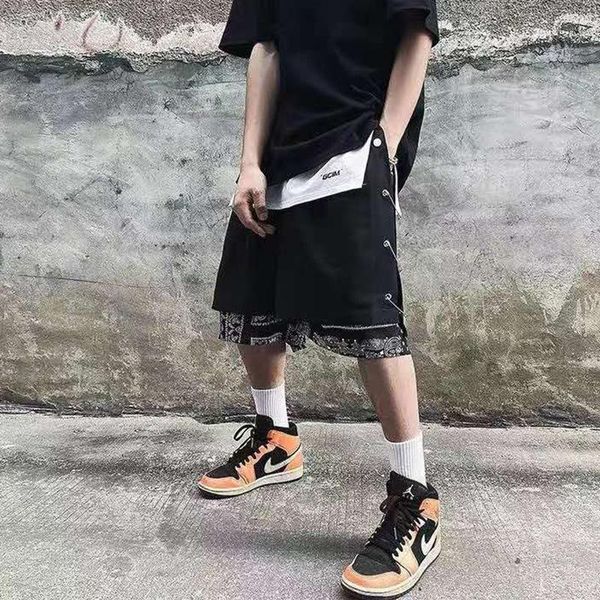 

high street breasted cashew flower five-point pants men and women drawstring two piece oversize casual summer shorts men's, White;black