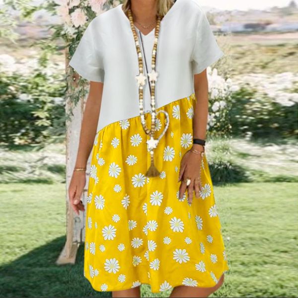 

summer vintage short sleeve mini dress women plus size casual daisy patchwork printed v-neck loose women's swimwear, White;black