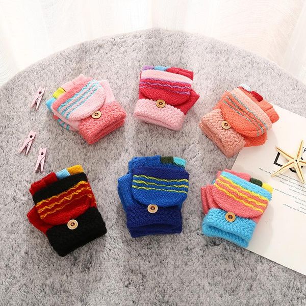 

children's mittens soft knitted baby gloves striped kids girls boys full finger autumn winter warm children, White