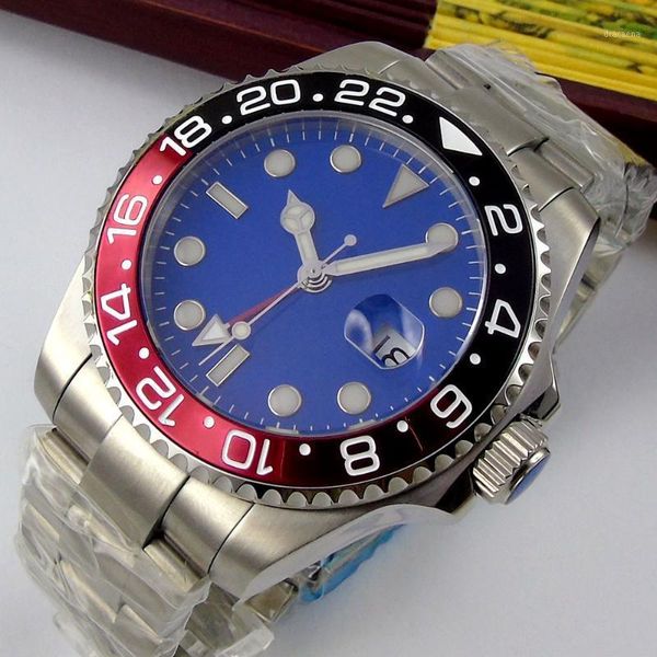 

wristwatches 40mm sterile blue dial sapphire glass date luminous steel bracelet red gmt automatic movement men's watch, Slivery;brown