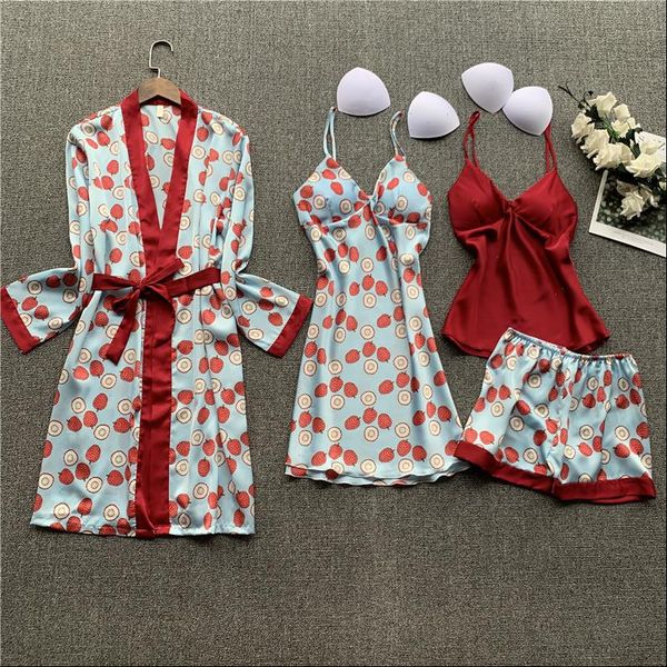 

silk pajamas overall printing women sleepwear 4 pieces pyjamas set satin pijamas mujer nightwear home clothes, Black;red