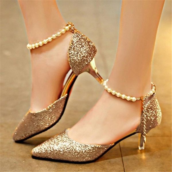 Kleid Schuhe Sommer Glitter Frauen Knöchel Perle Kette Riemen High Heel Spitz Zehen Sandalen 6 cm