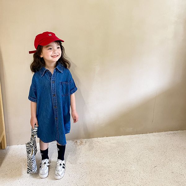 

summer girls fashion retro solid color denim loose shirt dress short sleeve single-breasted oversized dresses 210508, Red;yellow