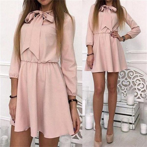 

casual dresses summer causal long sleeve dress femme vetidos ladies's elastic waist solid color bow-knot a-line mini, Black;gray
