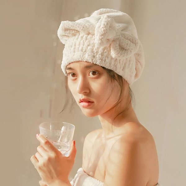 

towel bow-knot solid color dry hair cap polyester fabric japanese style strong water absorption quick use for adults bathroom