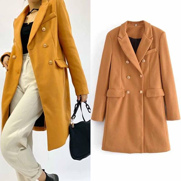 

women's wool & blends autumn winter womens notched lapel collar double breasted blend mid long overcoats elegant lady cardigan coat out, Black