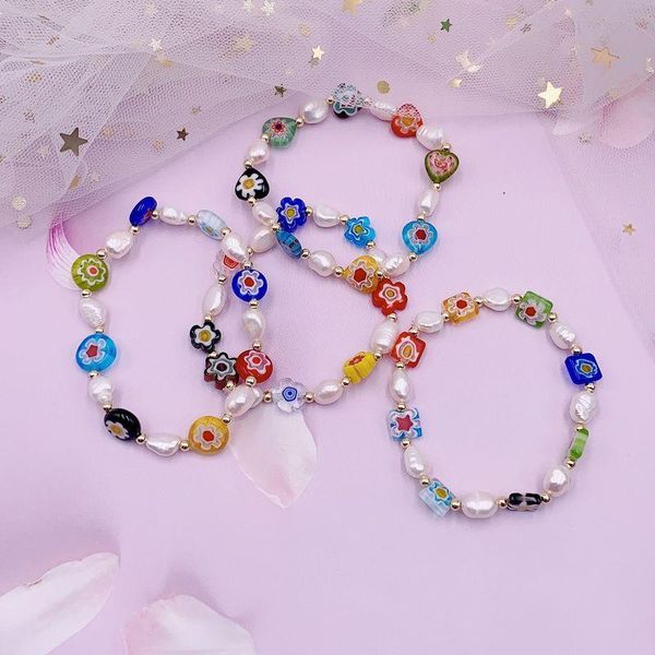 

charm bracelets minar cute romantic rainbow glass flower daisy for women irregular baroque freshwater pearl elastic bracelet, Golden;silver