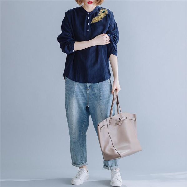 

arrival female summer long casual collar loose cotton shirts embroidered ladies'blouses s704, White