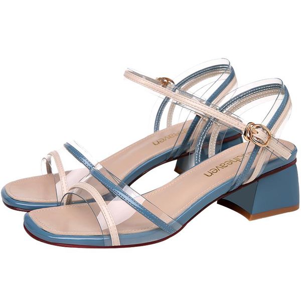 

buckle strap transparent one word women sandals open toe thick heel summer shoes 3-9951 dress, Black