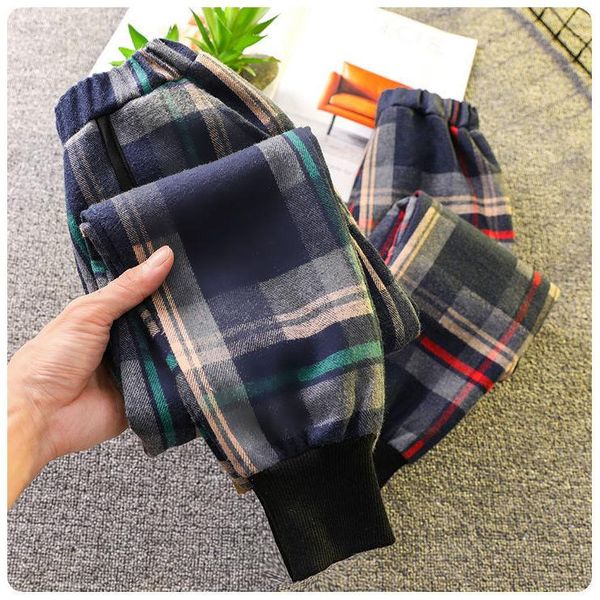 

trousers children's plush thick casual pants girls plaid warm autumn winter 2021 high waist harem boys plus fleece, Blue