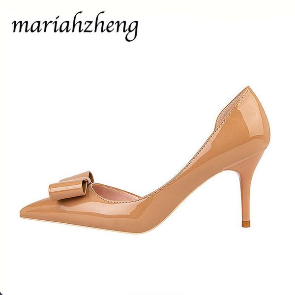 

dress shoes mariahzheng 7cm 2021 fine with high heels patent leather pointed hollow was thin bow women's zwm, Black
