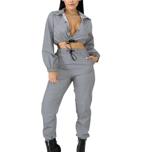 

fashion ladies suit lapel collar tooling clothing reflective fabric casual locomotive style night women's tracksuits, Gray