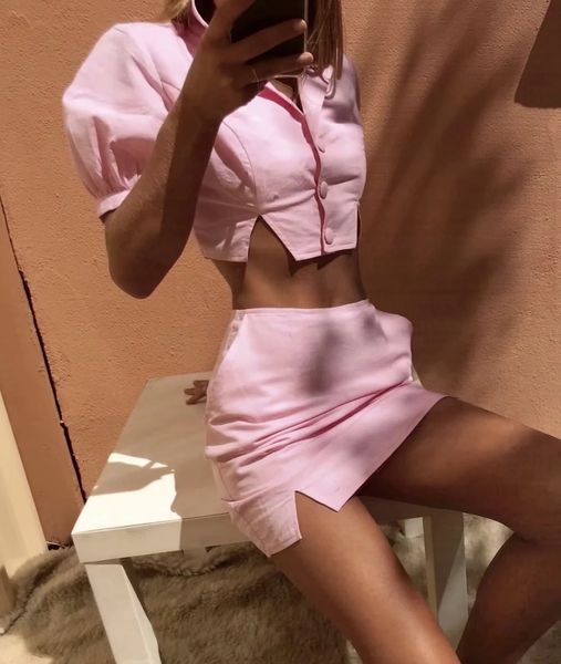 

tracksuits sport suit slim 2021 summer personalized front split pink skirt, Gray