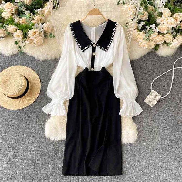 

spring vestidos female heavy industry beaded contrast color lapel puff sleeve waist was thin midi dress gk338 210507, Black;gray