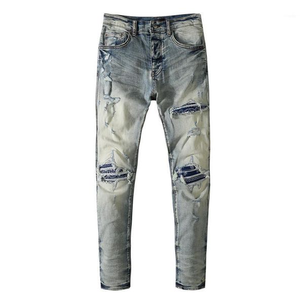 

men's jeans male fashion casual trousers blue spring and ssummer style old knee patch scratched slim fit trend denim pants