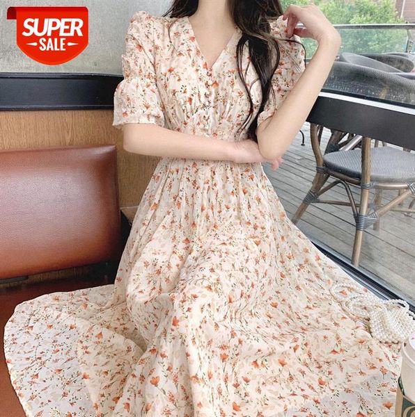 

chiffon dress women fashion french v-neck floral skirt small fresh puff sleeve #lb4g, Black;gray