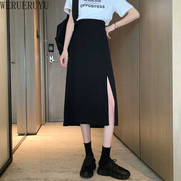 

werueruyu summer skirt high waist pleated a line long skirt front slit maxi womens skirts female 210608, Black