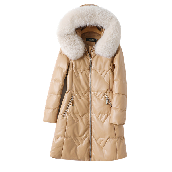 

haining leather down women's medium long hooded fox fur collar plus size fur coat women, Black