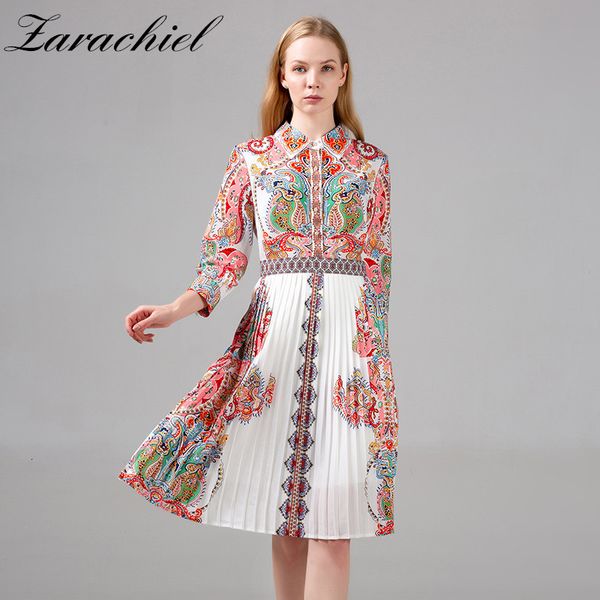 

dresses autumn vintage flower print runway women floral boho casual turn down collar party robe femme female pleated, Black;gray