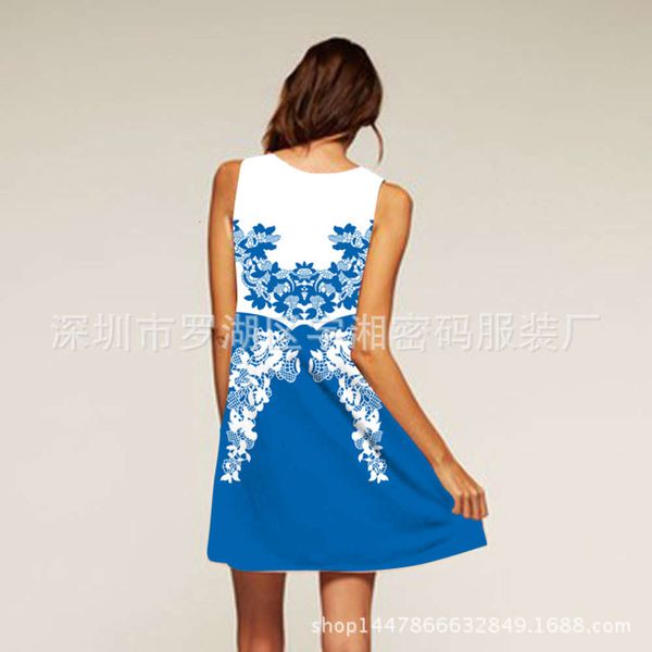 

digital print round neck summer dress, Black;gray