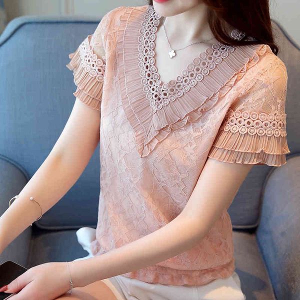 

summer floral white womens blouses shirt elegant ruffle chiffon v neck short sleeve female blusas women 603e3 210420