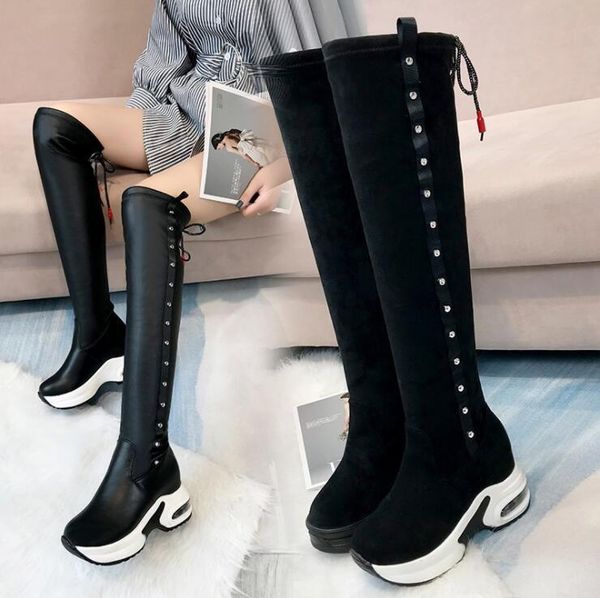 

boots women shoes woman fashion rivets over the knee 2021 autumn elastic cloth wedge with thick bottom x231, Black